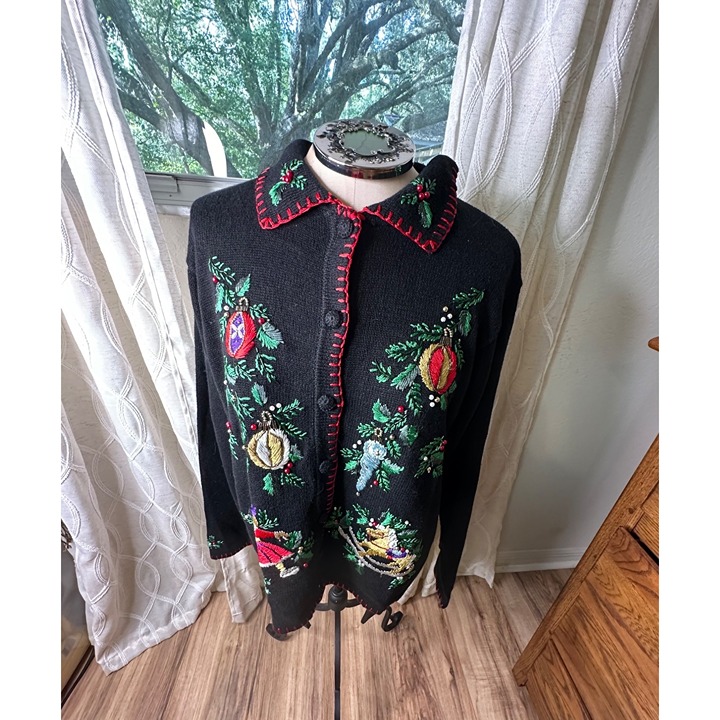 Vtg DBest Design Womens XL Christmas Ugly Sweater EMBROIDERED Button up Novelty