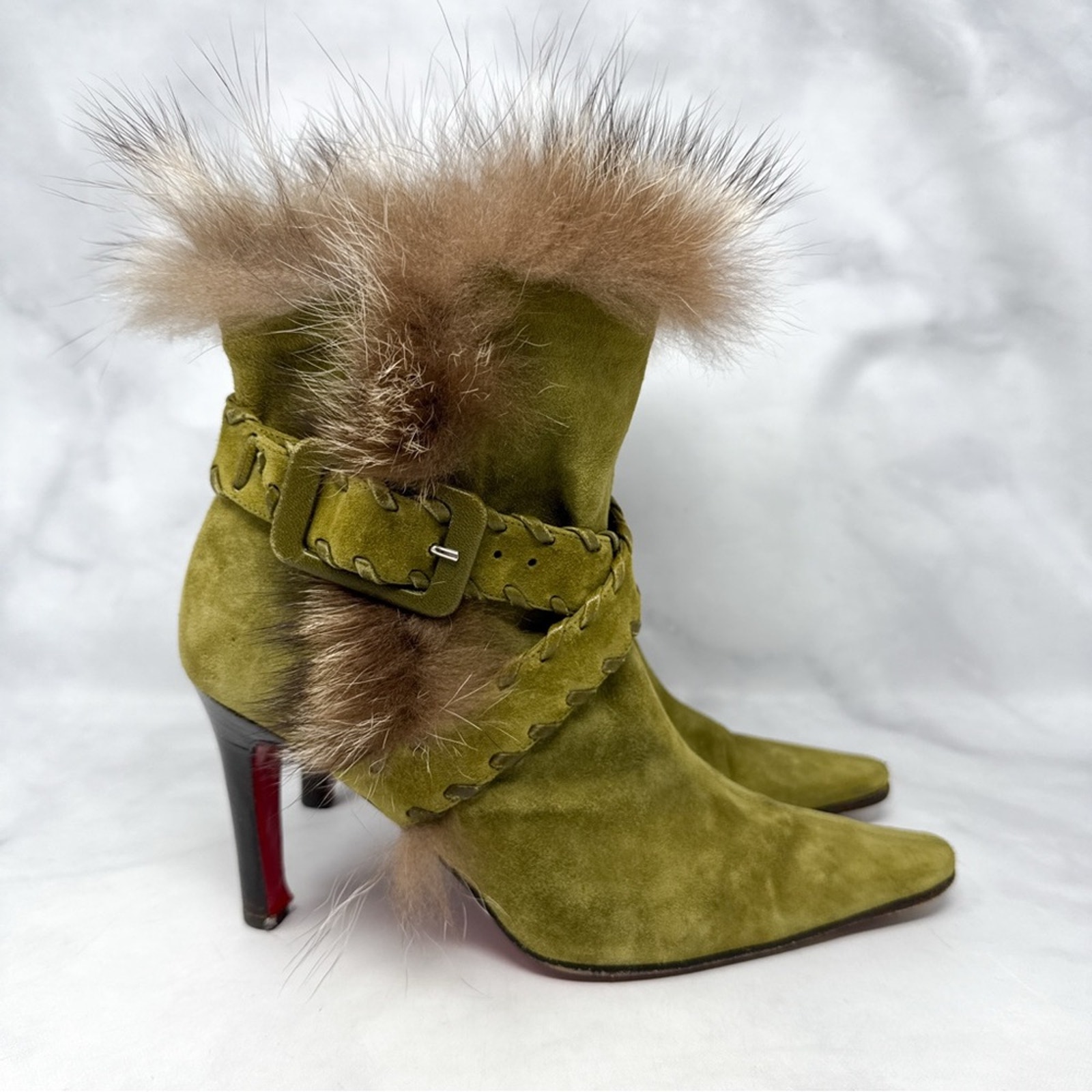 Christian Louboutin Vintage Fox Fur Trim Suede Ankle Boot Booties Retro Green 37