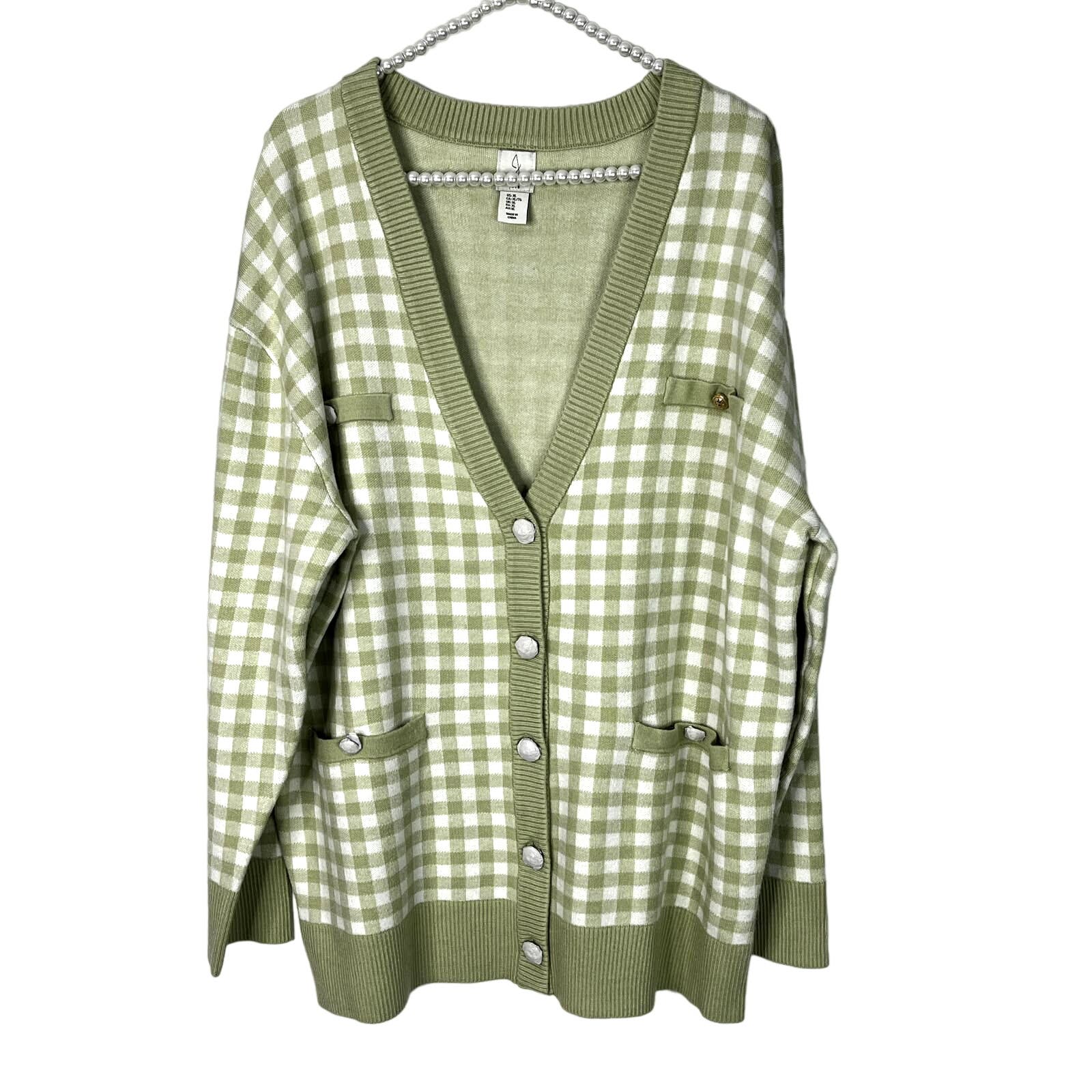 NWT JOIE Lime Green and White Plaid Boyfriend Cardigan SZ XL