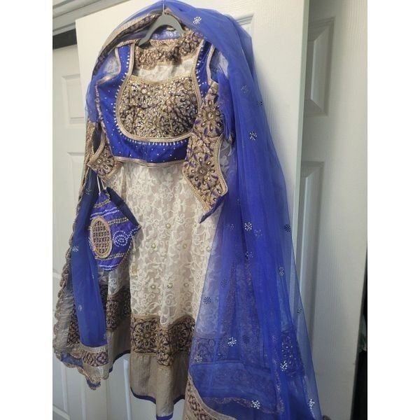 Lehenga Choli Royal Blue Heavy Embellished beadied gold stone design 4 pieces