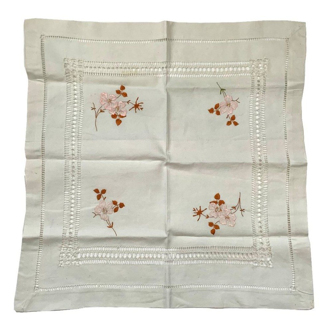 Pulled Thread Floral Embroidered Doily Square Topper Centerpiece Vtg Cottage