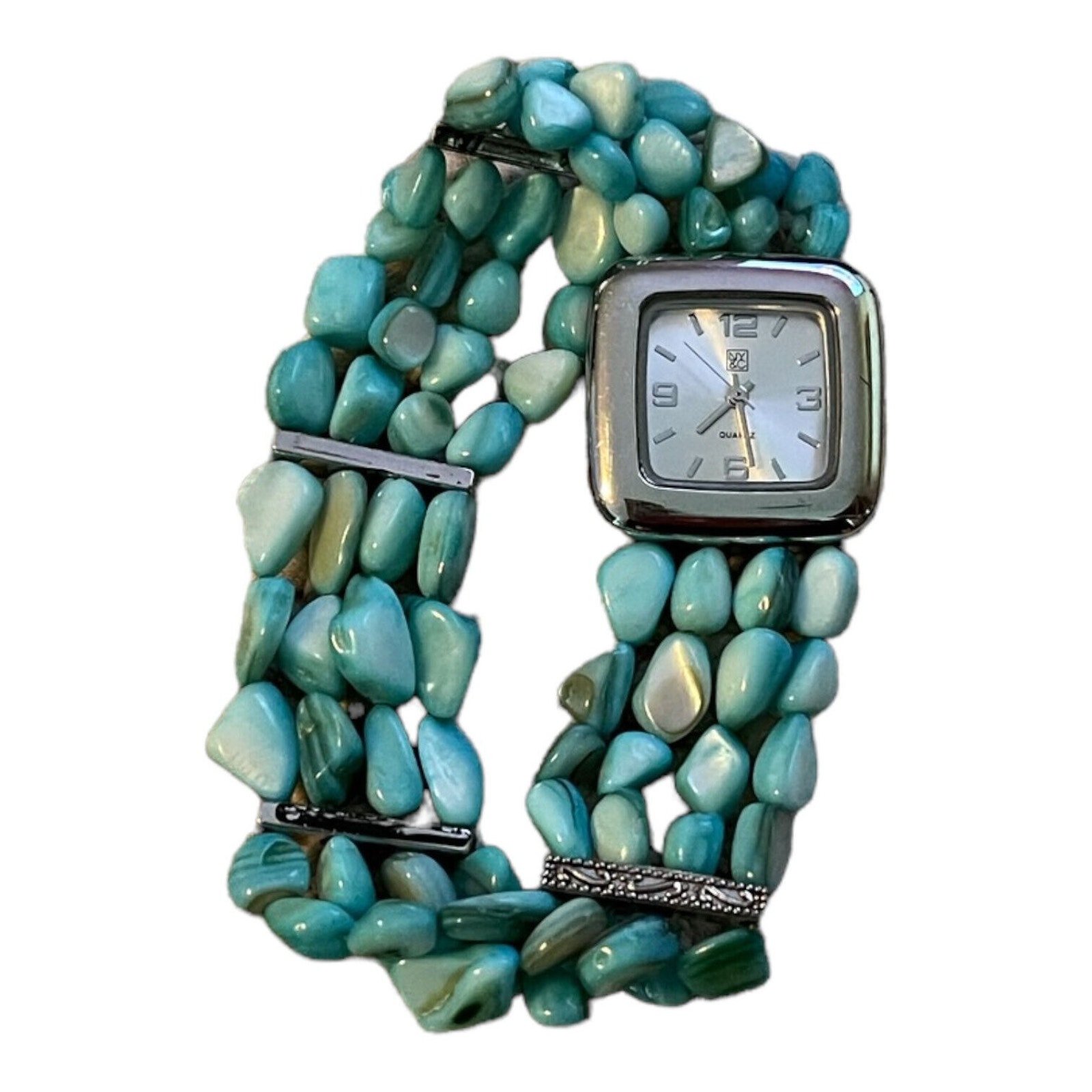 NY&C Quartz Watch Turquoise Elastic Expandable Band with Silver Accents and Face