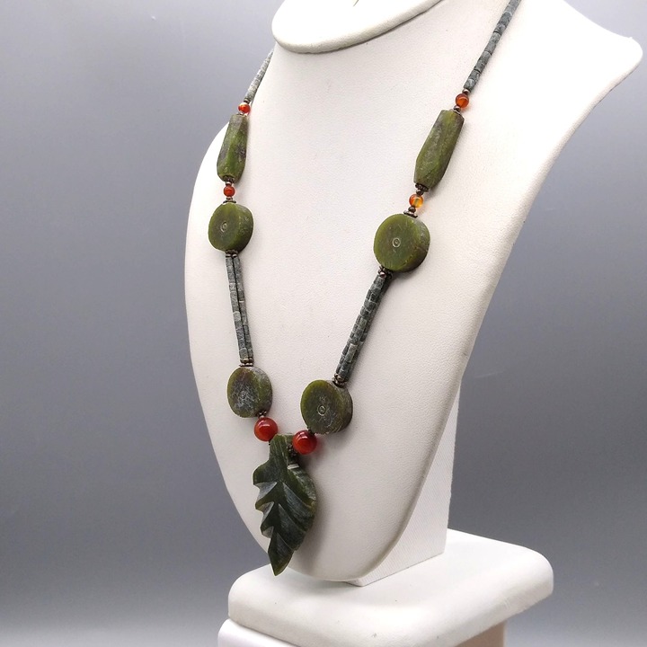 Vintage Carved Jade Heishi Bead Necklace with Leaf Pendant and Disc Stations