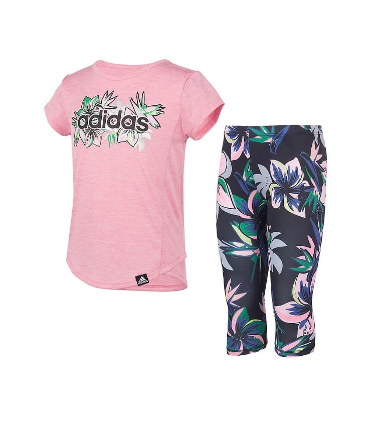 Adidas Girls 2-Piece Capri Leggings Outfit, Pink Floral, Size 6 NWT