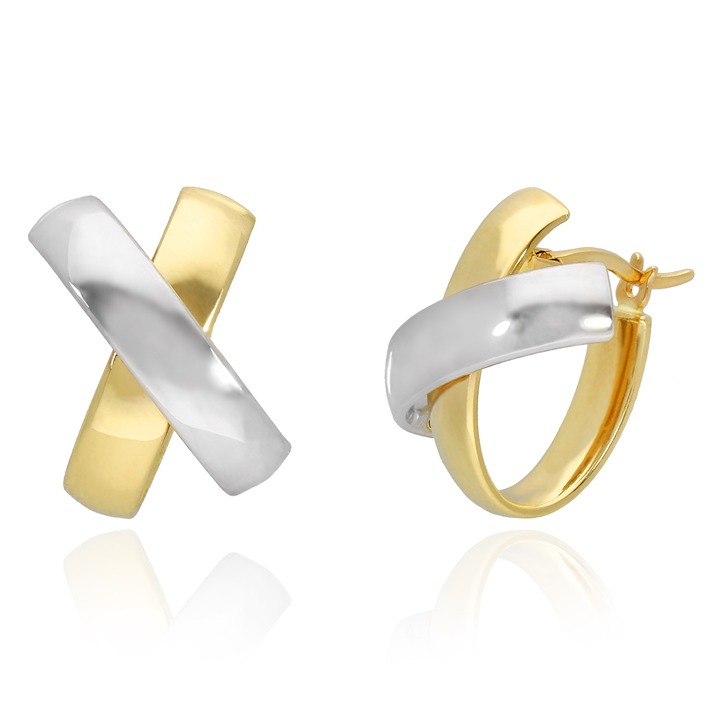 14K Two-Tone Gold Crossover Hoop Earrings 18mm