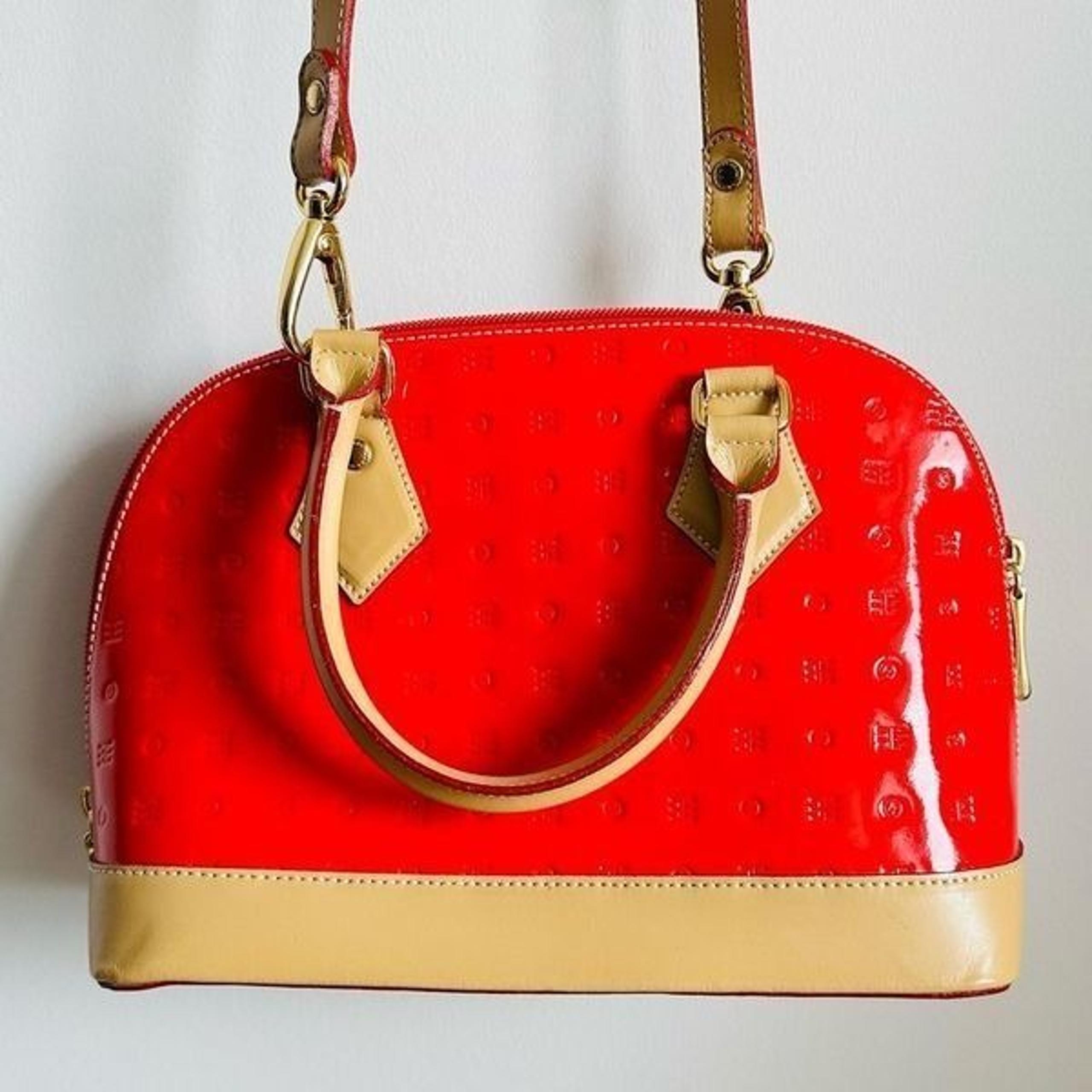 ARCADIA Red Patent Leather Bugatti Satchel Made in Italy Tan Trim Purse
