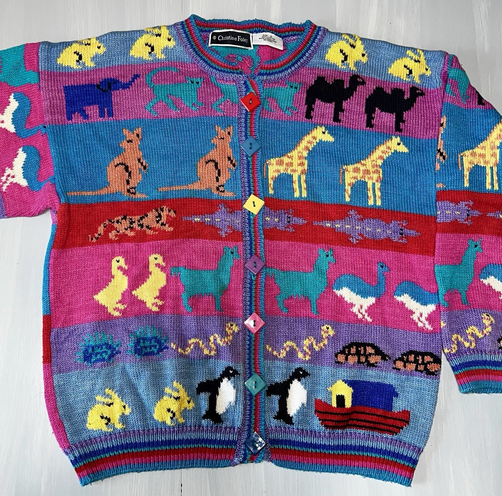 Vintage Christine Foley Noah’s Ark Animals Cotton Knit Cardigan Sweater Sz 2 L