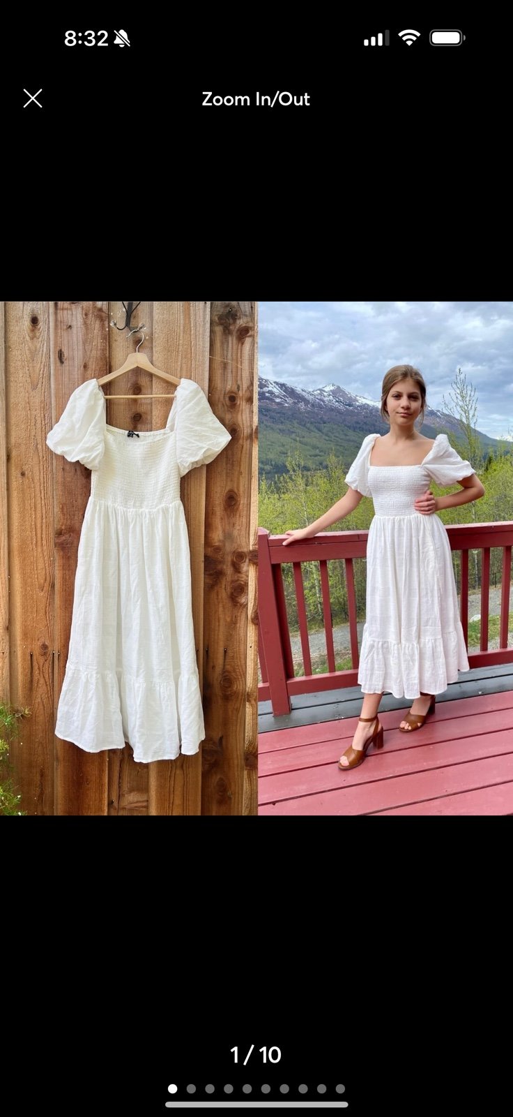 White Smocked Puff Sleeve Square-Neckline Midi Dress W/ Pockets