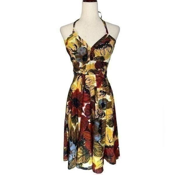 Plenty by Tracy Reese Red Yellow Brown Floral Fit and Flare Halter Dress | 2