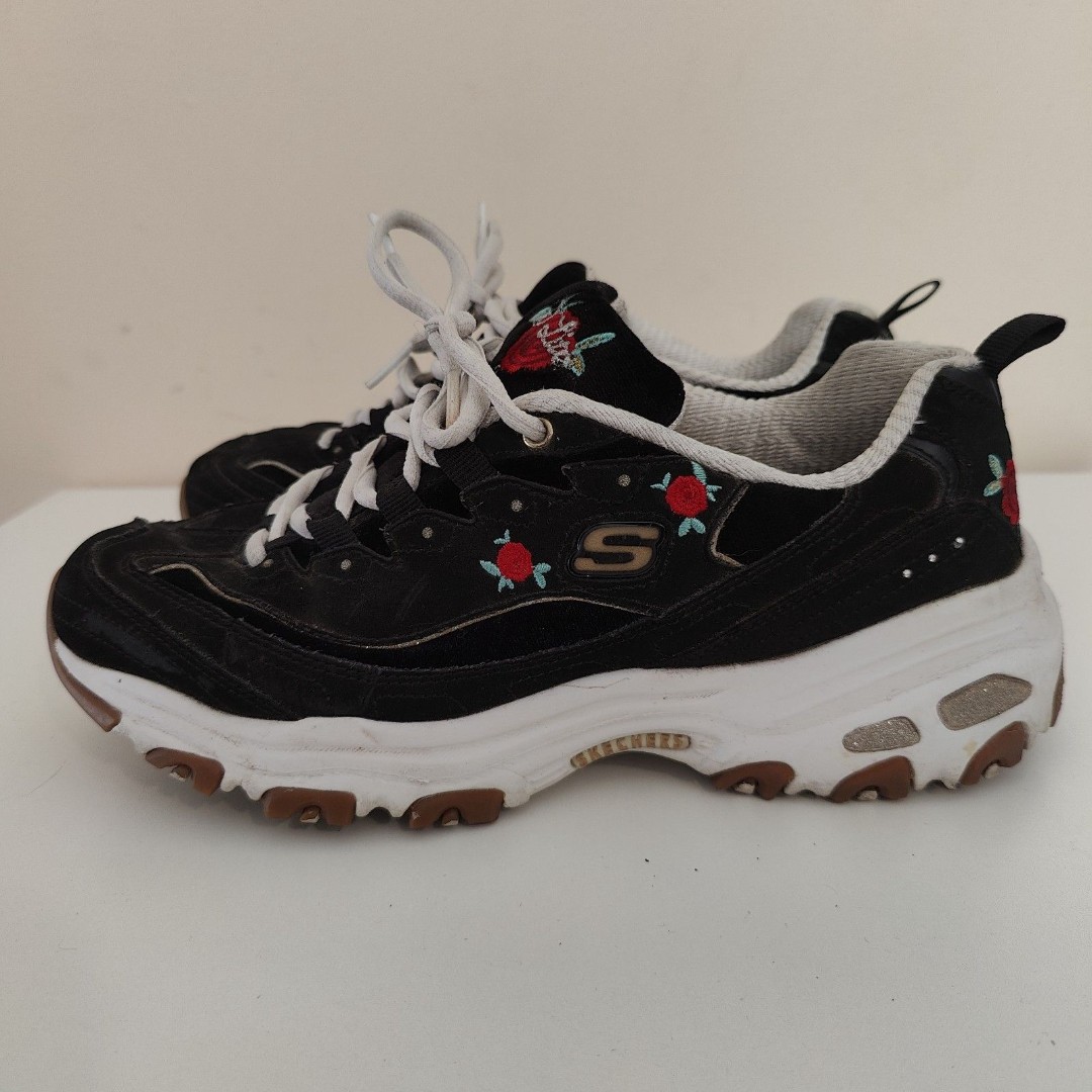 Skechers D’Lites Rose Blossom Sneaker Black Leather Textile Size 8