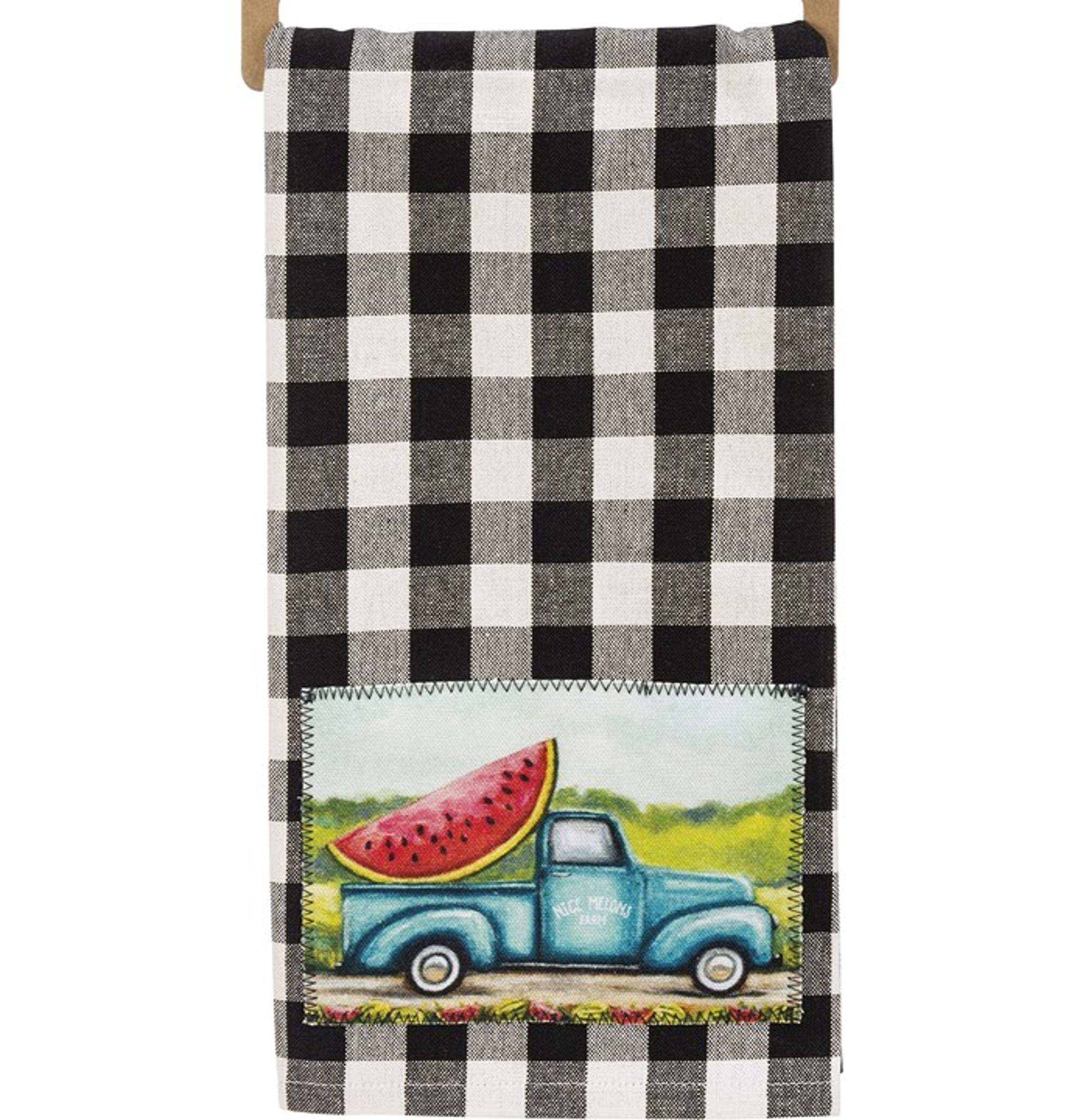 Kitchen towel Watermelon design farm truck. Black and white buffalo check. NWT