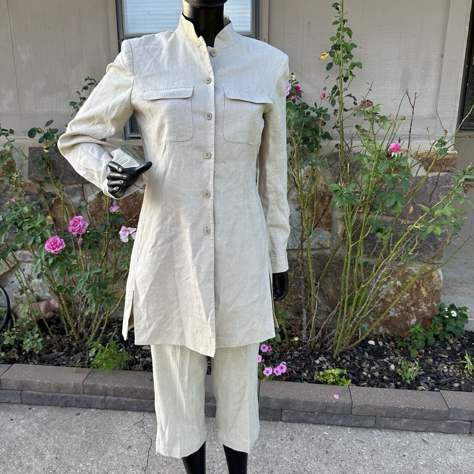 Liz Claiborne Linen 2 Piece Set Womens Size 8 Tunic Size 6 Petite Pants Beige
