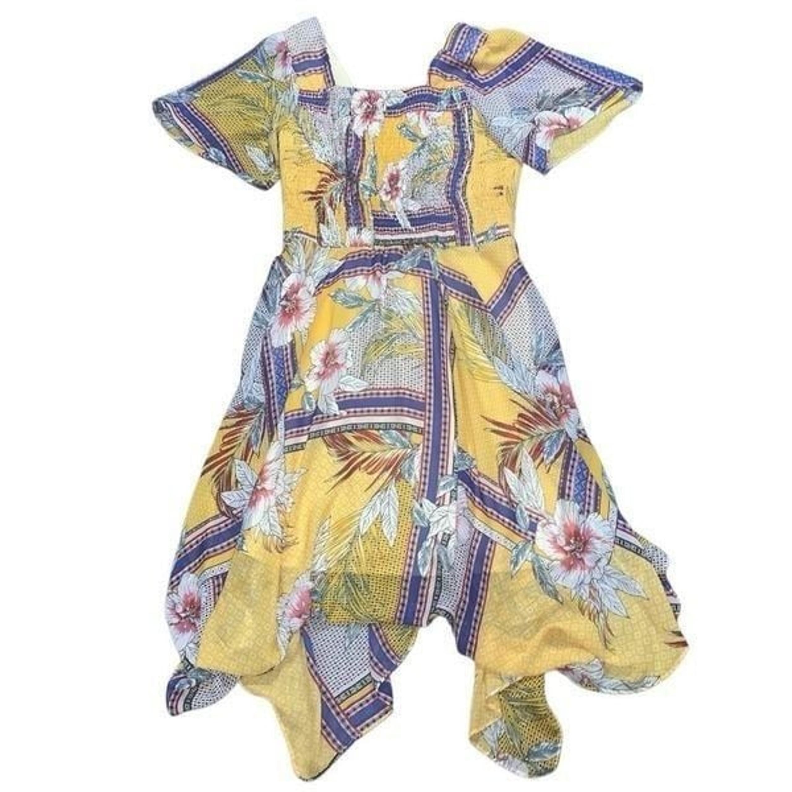 Rabbit Rabbit Rabbit Womens 12 Midi Dress Yellow Blue Smocked Bodice Hanky Hem