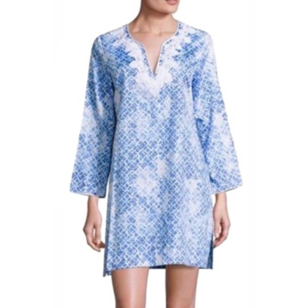 Oscar de la Renta Mini Caftan Tunic Dress Coverup Seaside Resort Blue Large