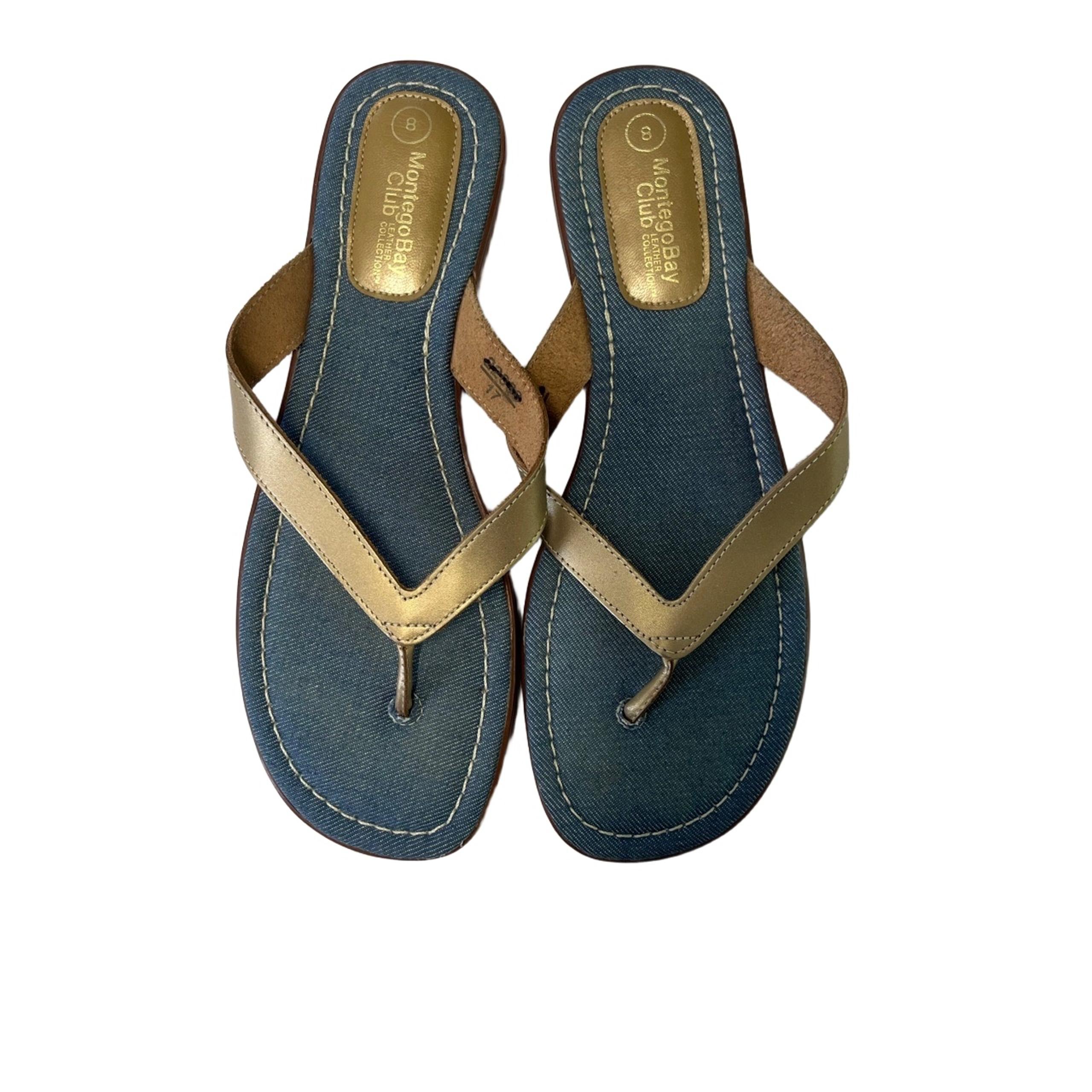 Montego Bay Club Gold Strap Denim Footbed Open Toe Flip Flops Sandals Size 8