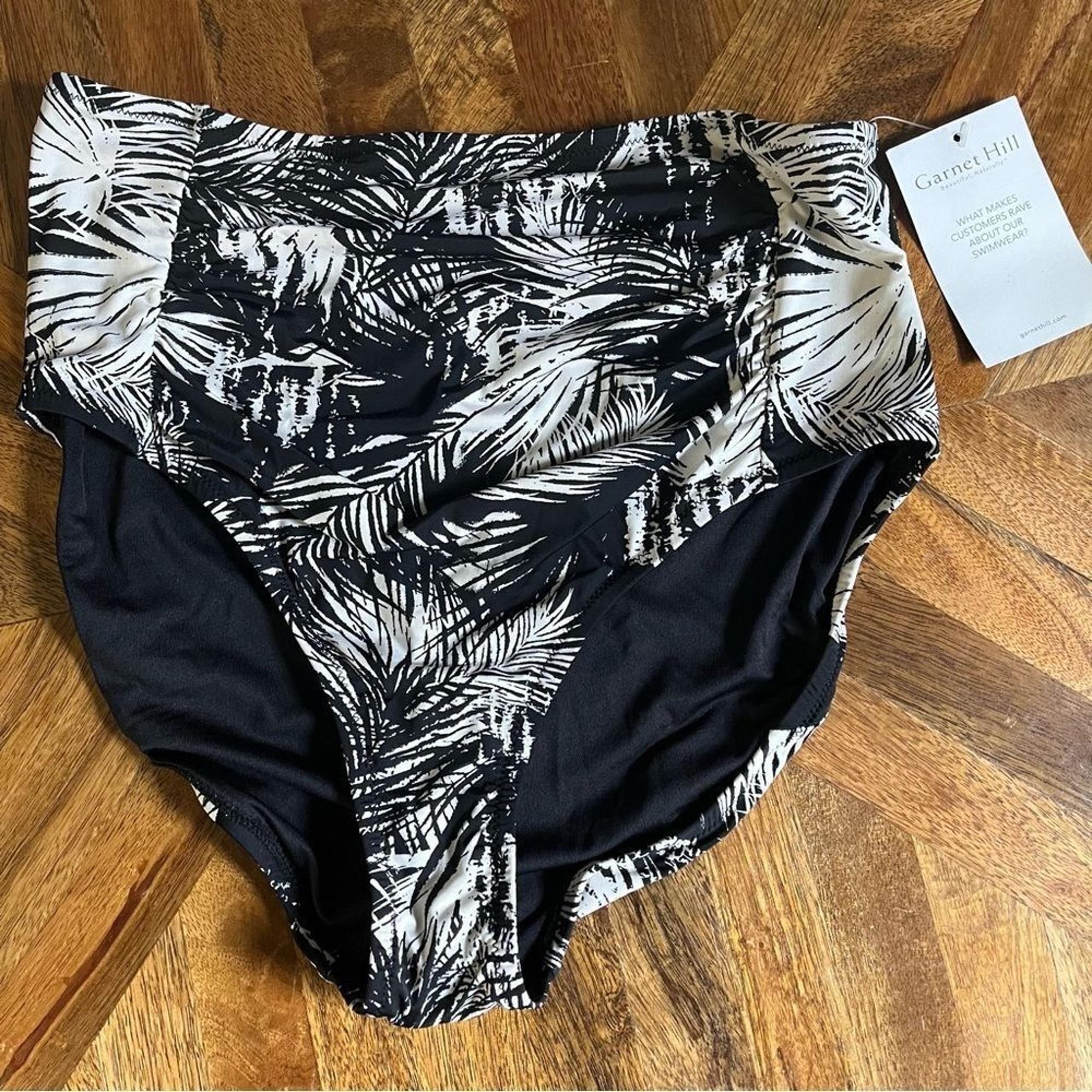 Garnet Hill Bikini Bottom Ruched High Waisted Black Cream Leaf Women's Sz 8 NWT