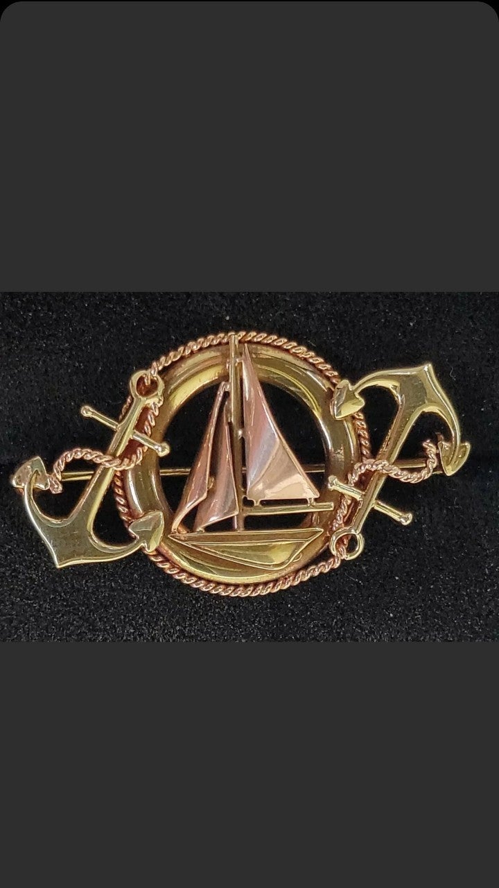 Antique Art Nouveau 14k Gold Anchor Sailboat Brooch Sloan Co 4.5g