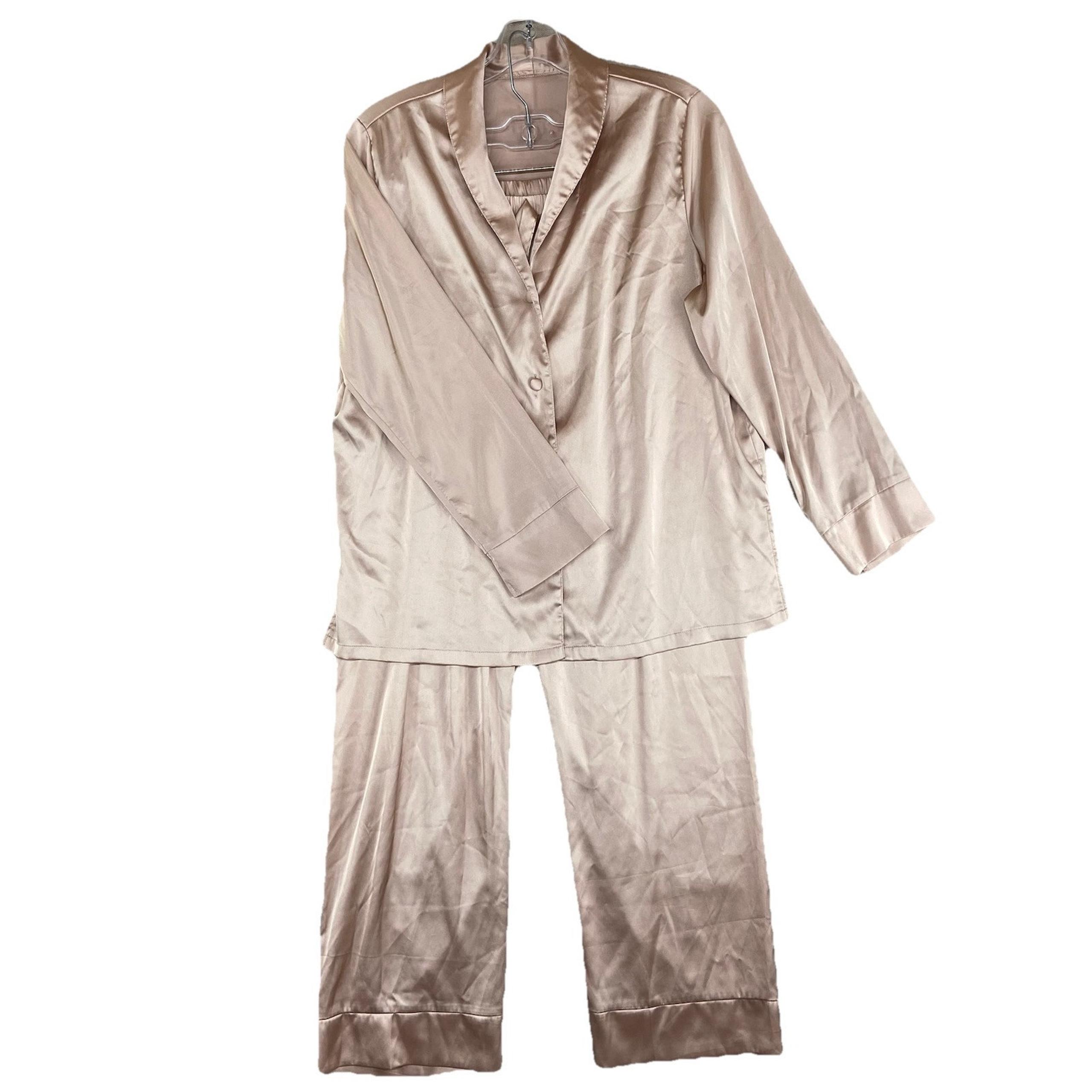 Women's Medium Satin Collar Button Pajama/Lounge Set Light Pink Beige - SHEIN