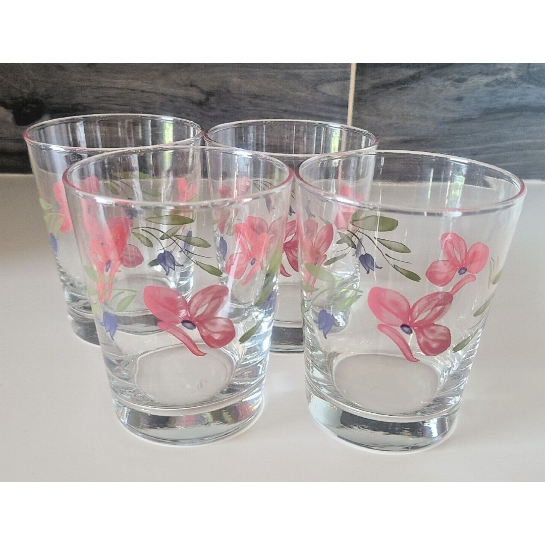 Vintage Set of 4 Libbey Clear Glasses with Pink Hand Painted Flowers