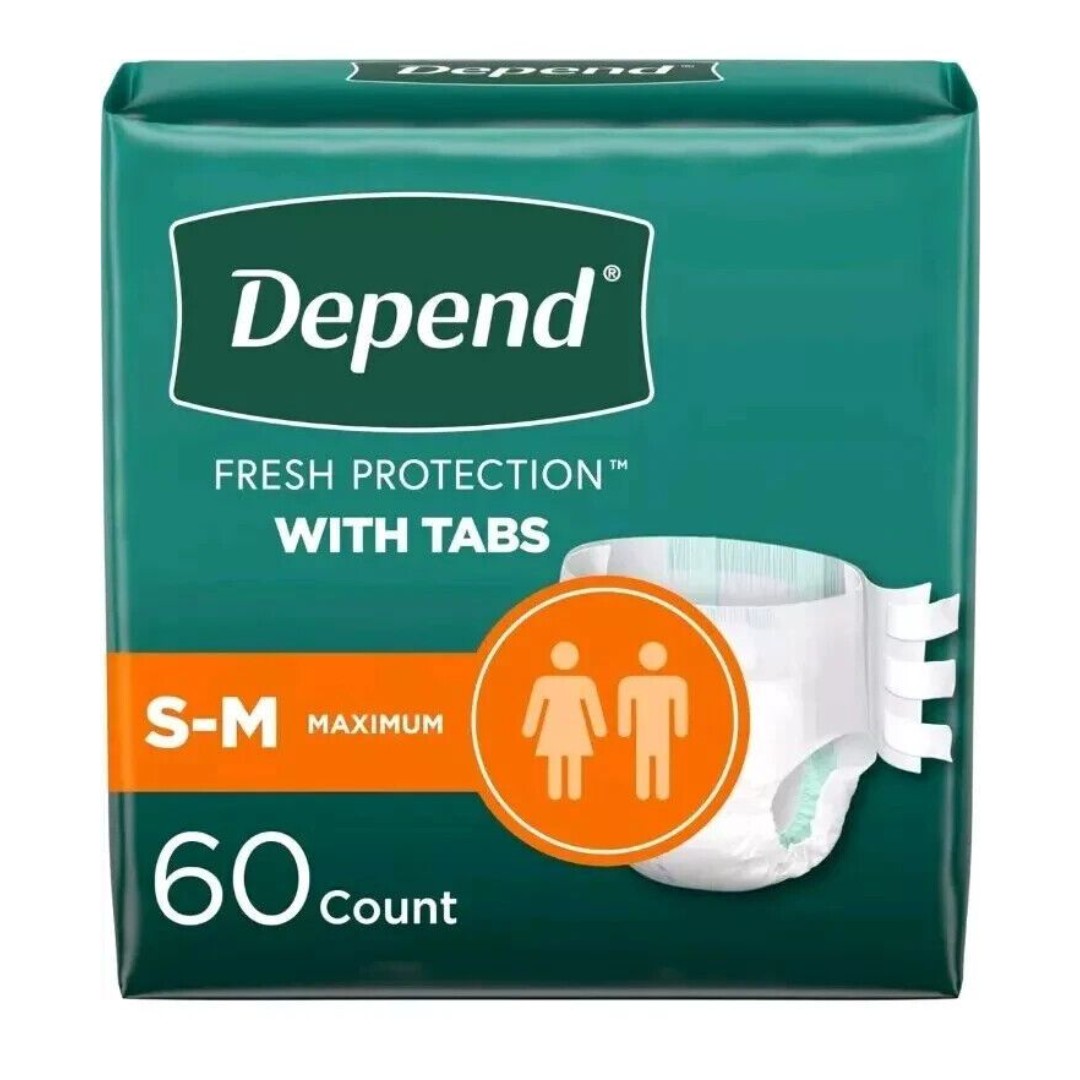 Depend Incontinence Protection w/Tabs, Unisex Small/Med. 19–34 Waist, 60 Count