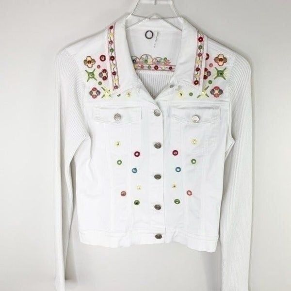One Girl Who Boho White Embroidered Jean Jacket w/Knit Arms and Back Sz M