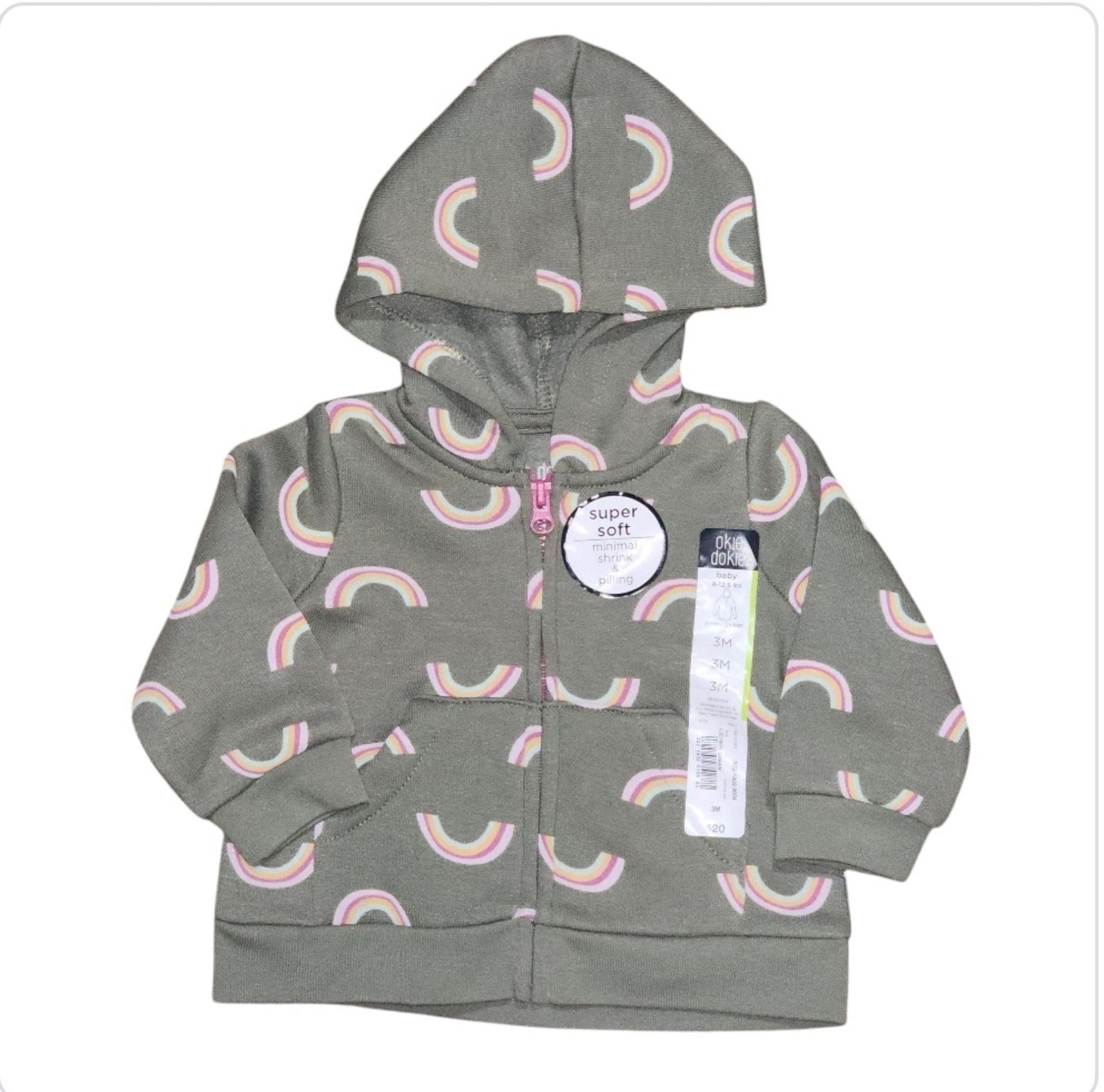 Okie Dokie Baby Girl Size 3 Months Zipper Hooded Jacket Green Rainbows Soft NWT
