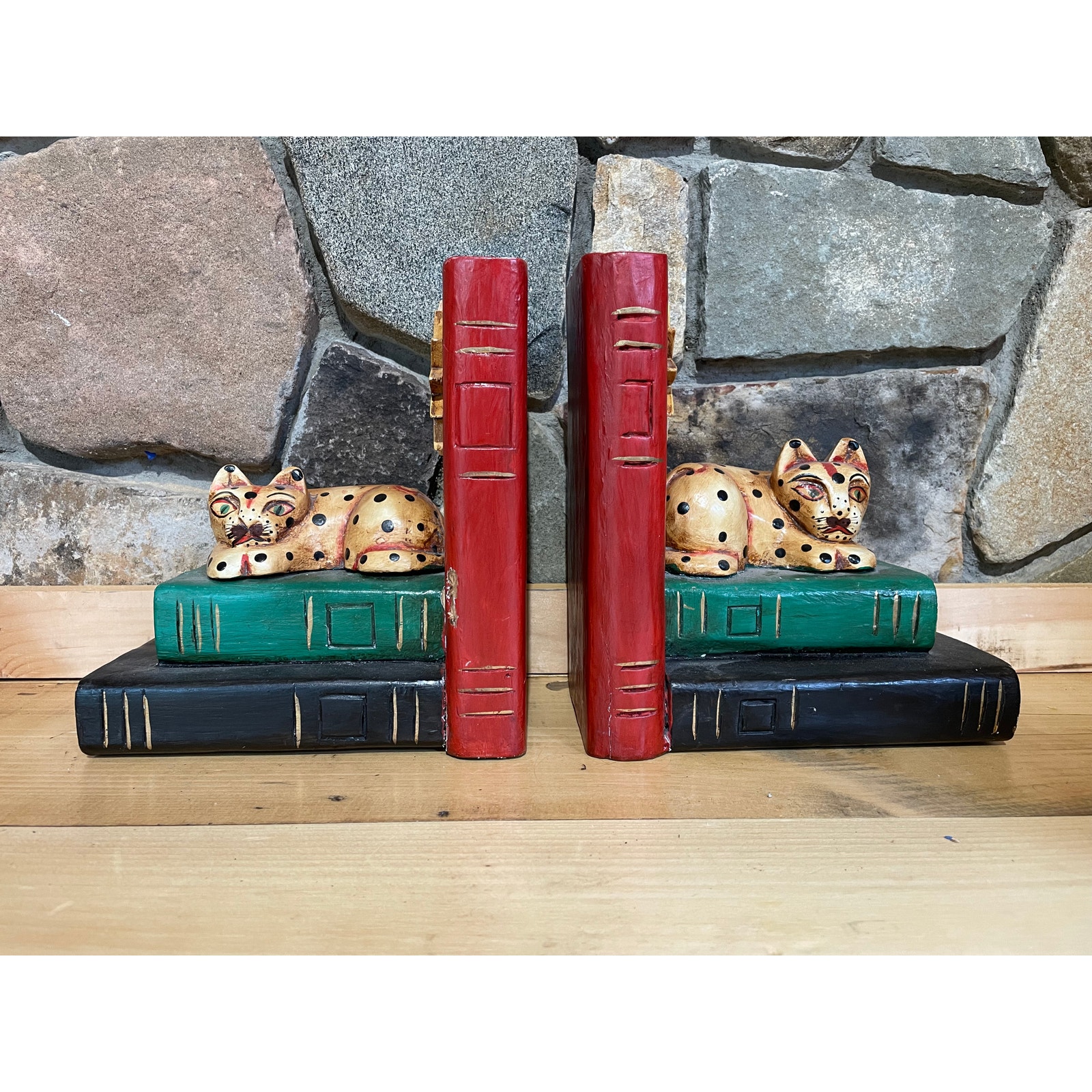 Set of Vintage Wooden Cat Book Bookends. Hand Painted. Not heavy. Sun. Kittycat
