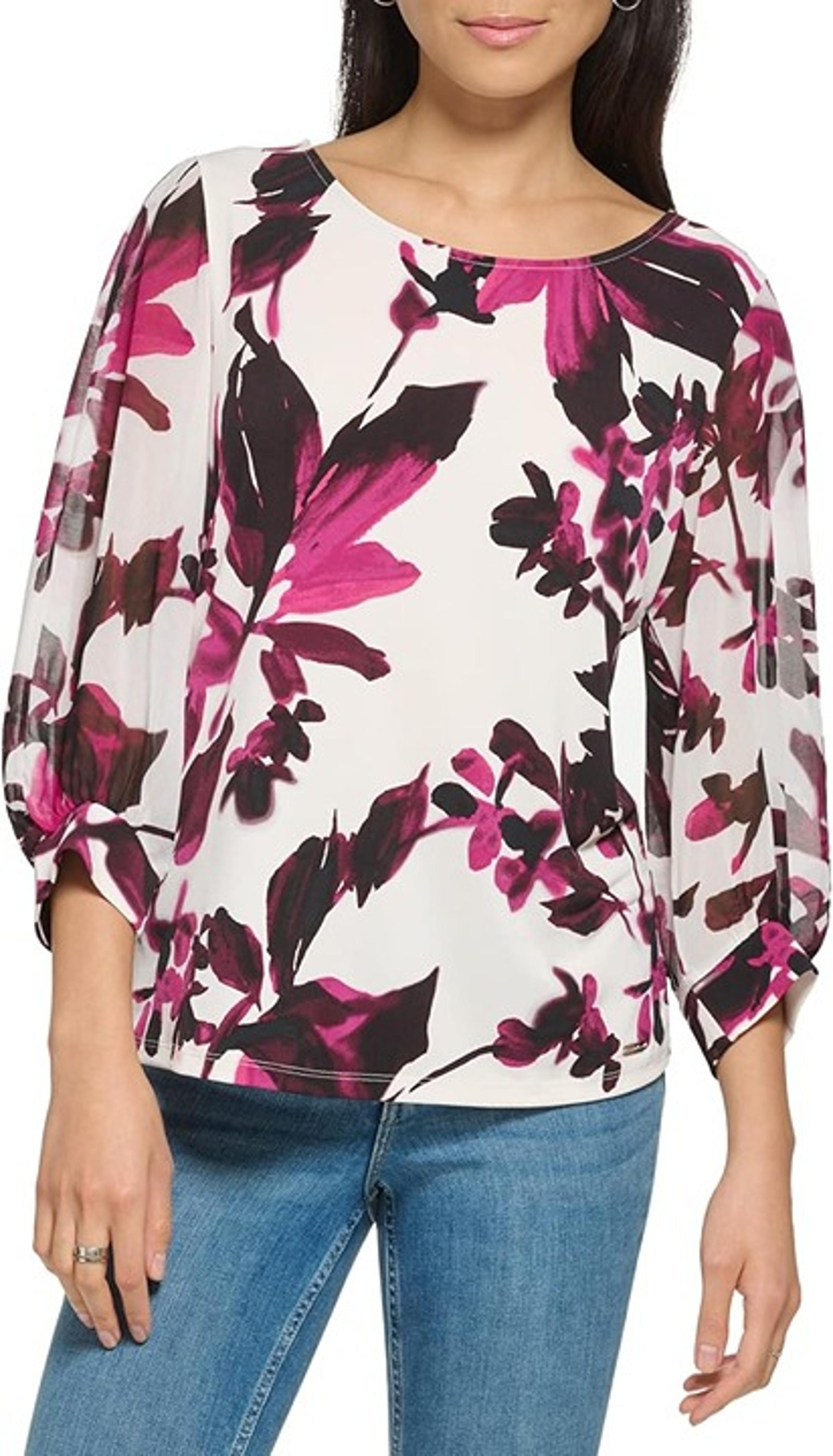 NWT Calvin Klein Women's Crew Neck Matte Jersey Long Chiffon Sleeve Blouse XL