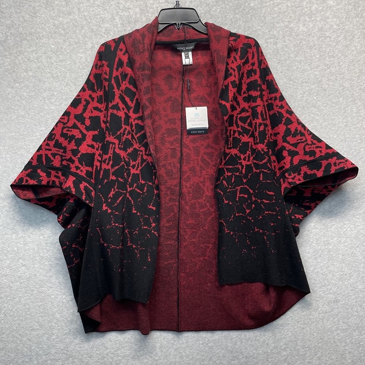 Ming Wang Cardigan Sweater Womens S/M Poncho Red Black Knit Wrap Short Sleeve