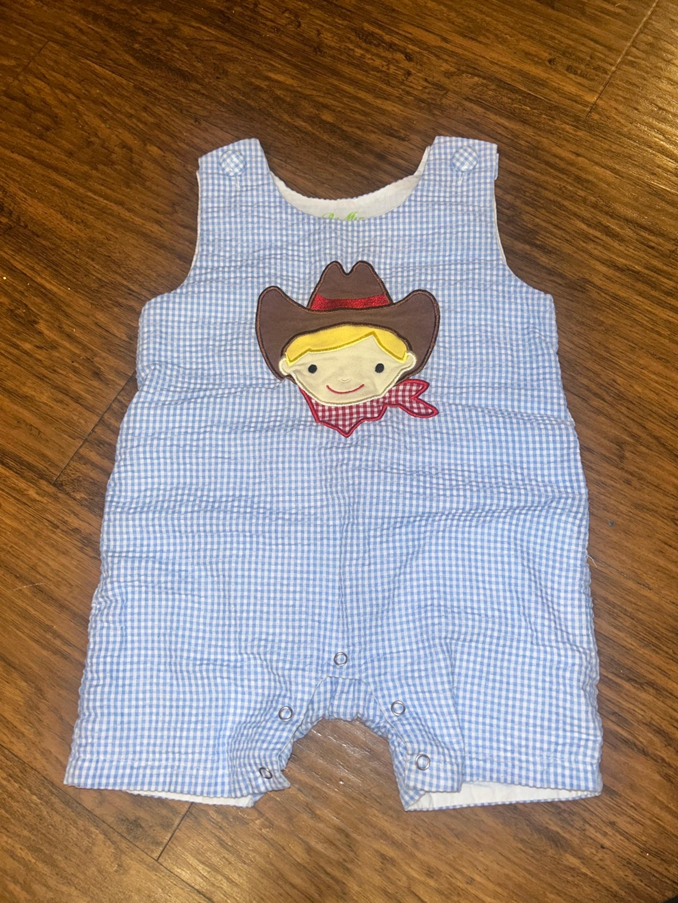 *LIKE NEW* Be Mine Boutique Cowboy Embroidered Gingham Plaid Jon Jon Romper