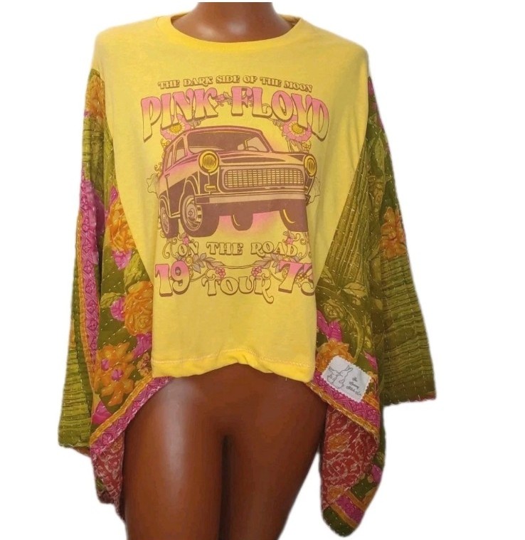 Pink Floyd Band Tee Upcycled Kantha Poncho Top Woman O/S Festival Boho Hippie
