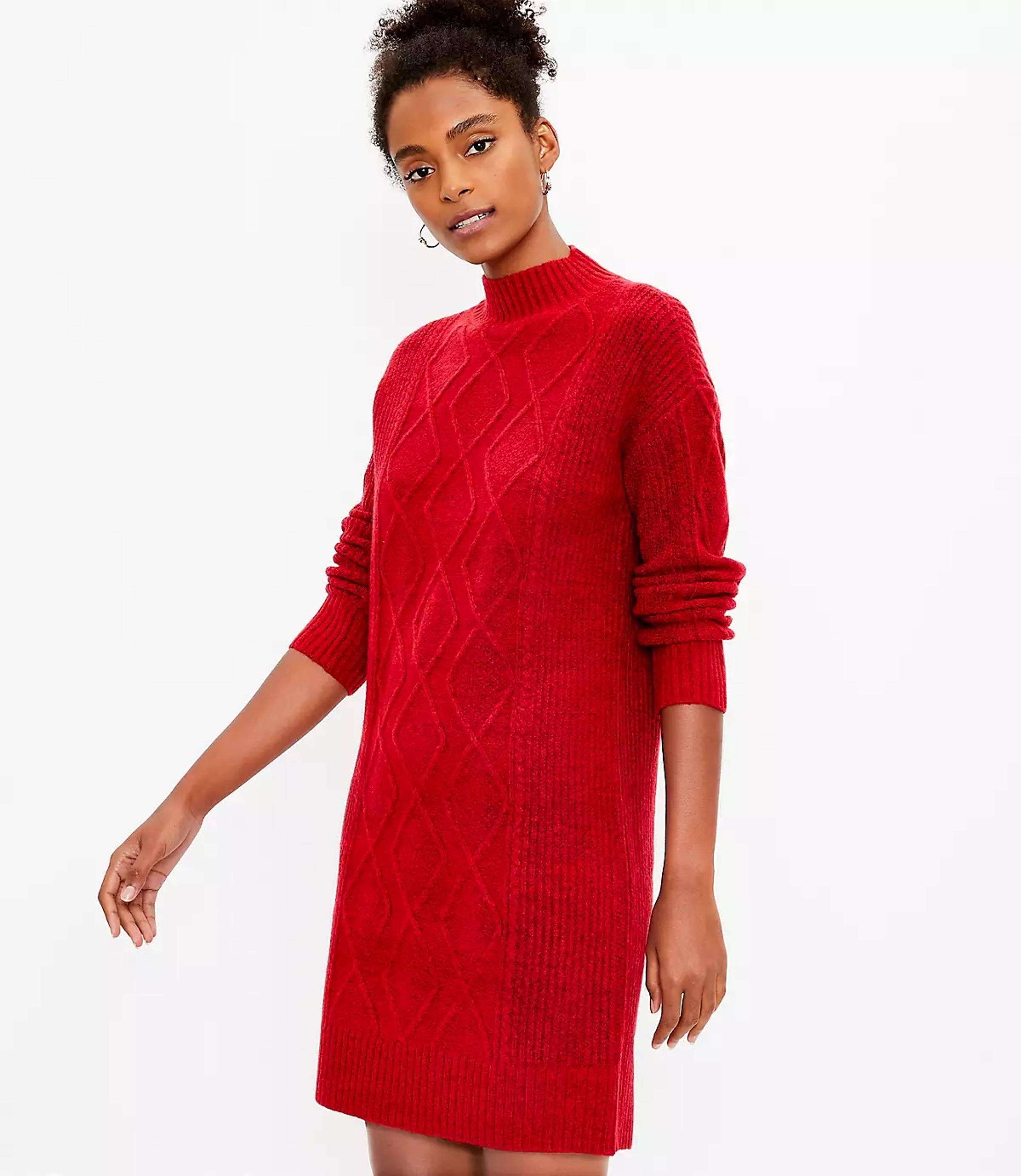 Ann Taylor Loft Red Cable Turtleneck Sweater Dress Mini Above Knee Wool Mix