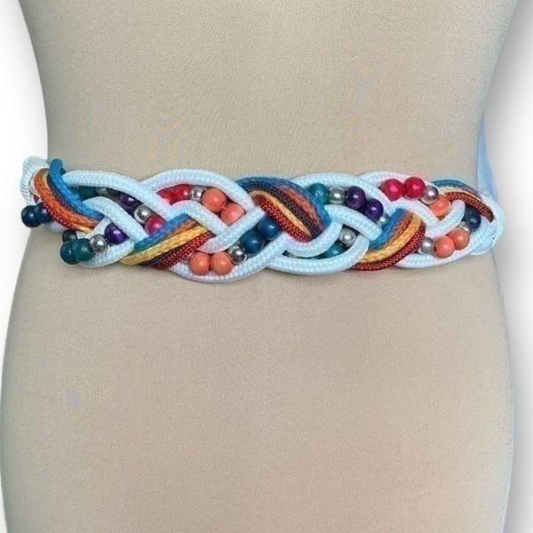 Vintage 80s Bungee Belt White Rainbow Colorful Beaded Braided Woven Kidcore