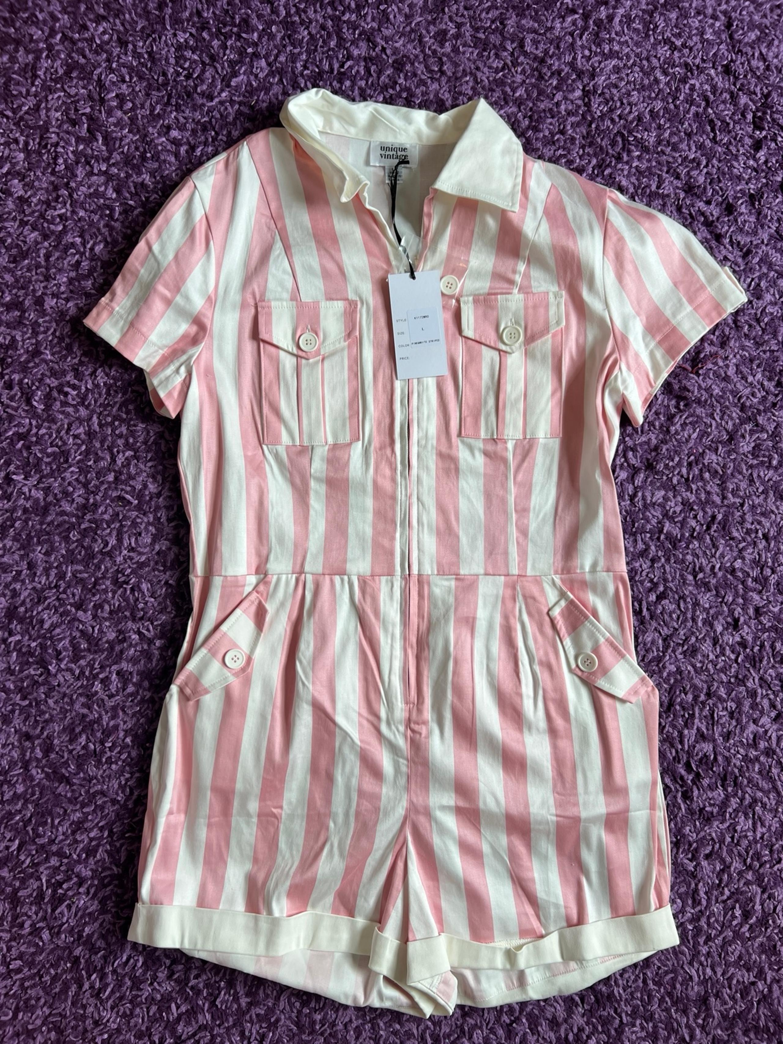 Women’s unique vintage romper pink white stripes size 10/12