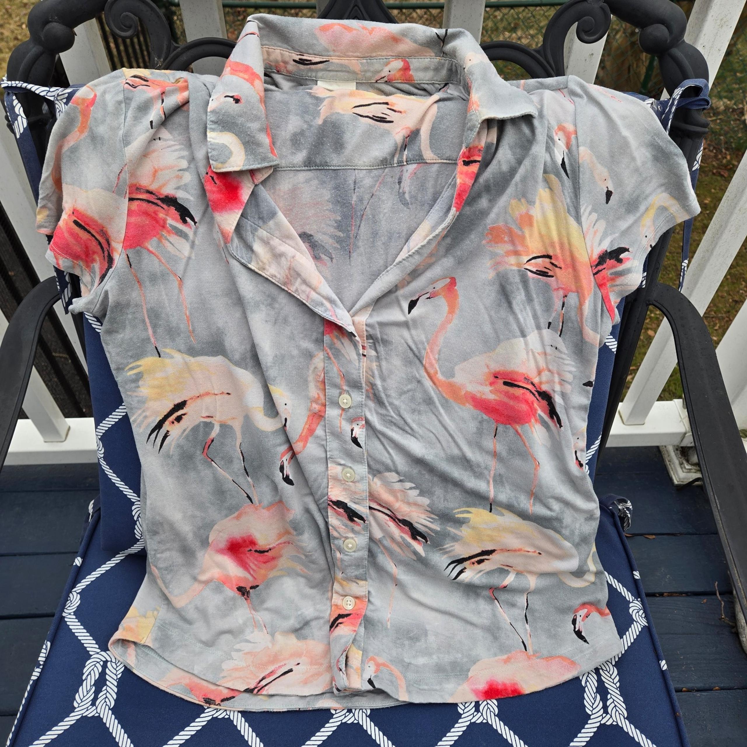 SOMA Cool Nights Flamingo Pajama Top Button Up Notch Collar Blue/Gray Medium