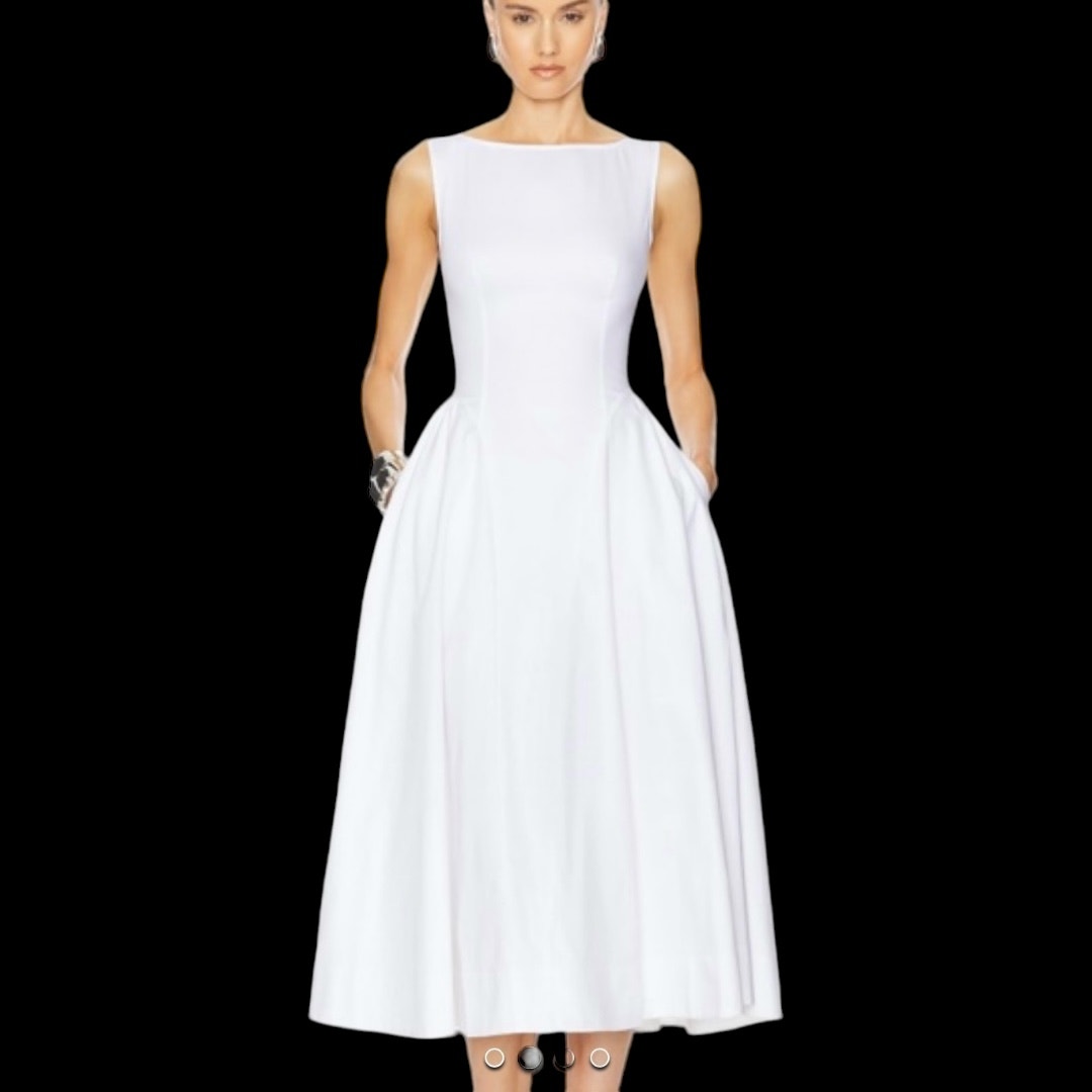 NWOT Helsa White Ballet Style Stretch Cotton Sateen Midi Dress W/ Pockets Size M