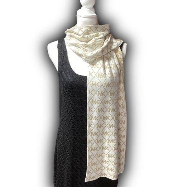 MICHAEL Michael Kors Signature Logo Sparkly Glittery Gold & Cream Colored Scarf