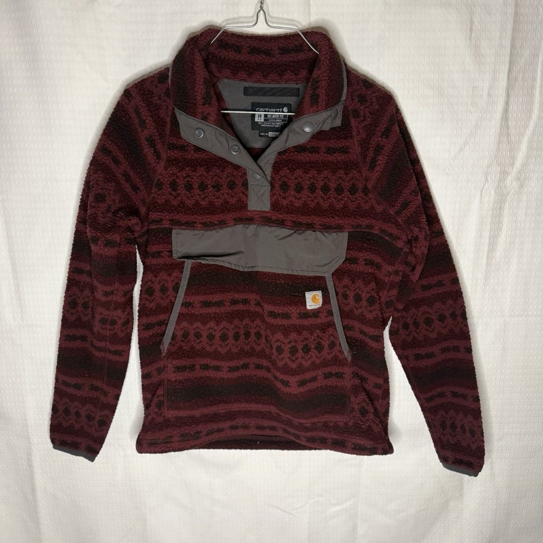 Carhartt Fleece Womans XS (0-2) Relaxed Fit Pullover Pouch Pocket Red Adjustable