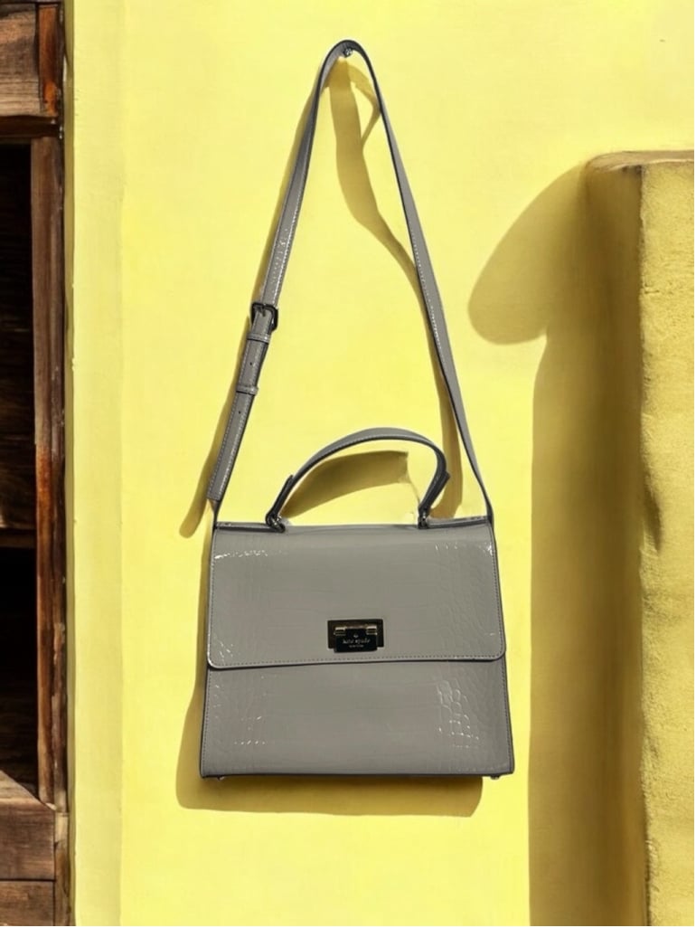 Kate Spade Doris Knightsbridge Grey Soft Taupe Handbag Patent Leather Croc Purse