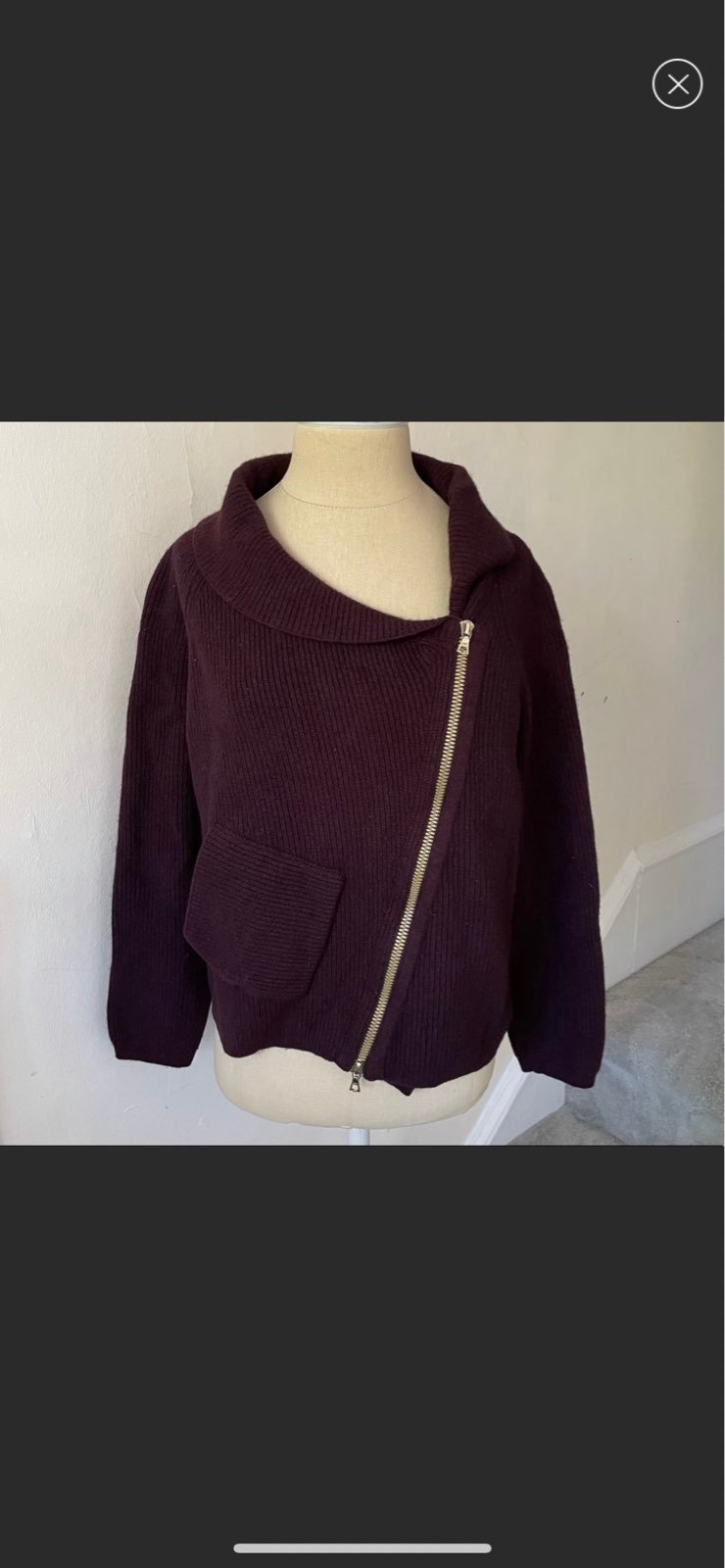 Ghost Maroon Wool Blend Ribbed Asymmetrical Moto Sweater Size Small