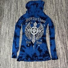 Affliction Women Large Live Fast Graphic Hoodie Blue Black Pullover Virtue Biker