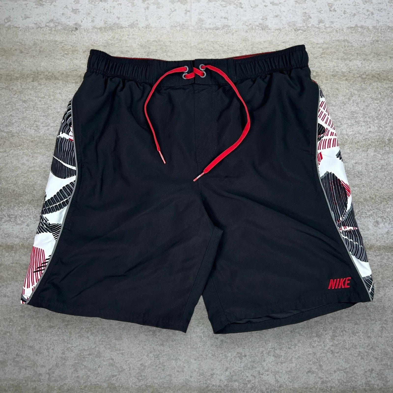 Vintage Nike Swim Shorts Black White Red Hawaiian Polyester 9 Inseam Lined Y2K