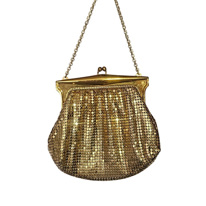 Whiting and Davis Vintage Gold Mesh Evening Purse Chain Handle Kiss Lock Clasp