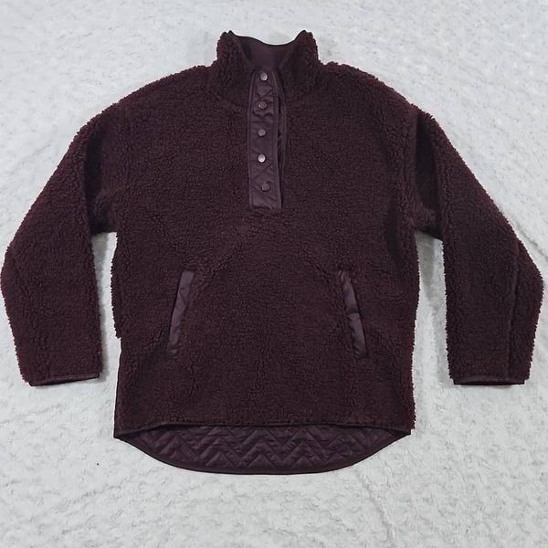 Athleta Cozy Sherpa Snap Sweatshirt Maroon Red Spiced Cabernet Womens Medium