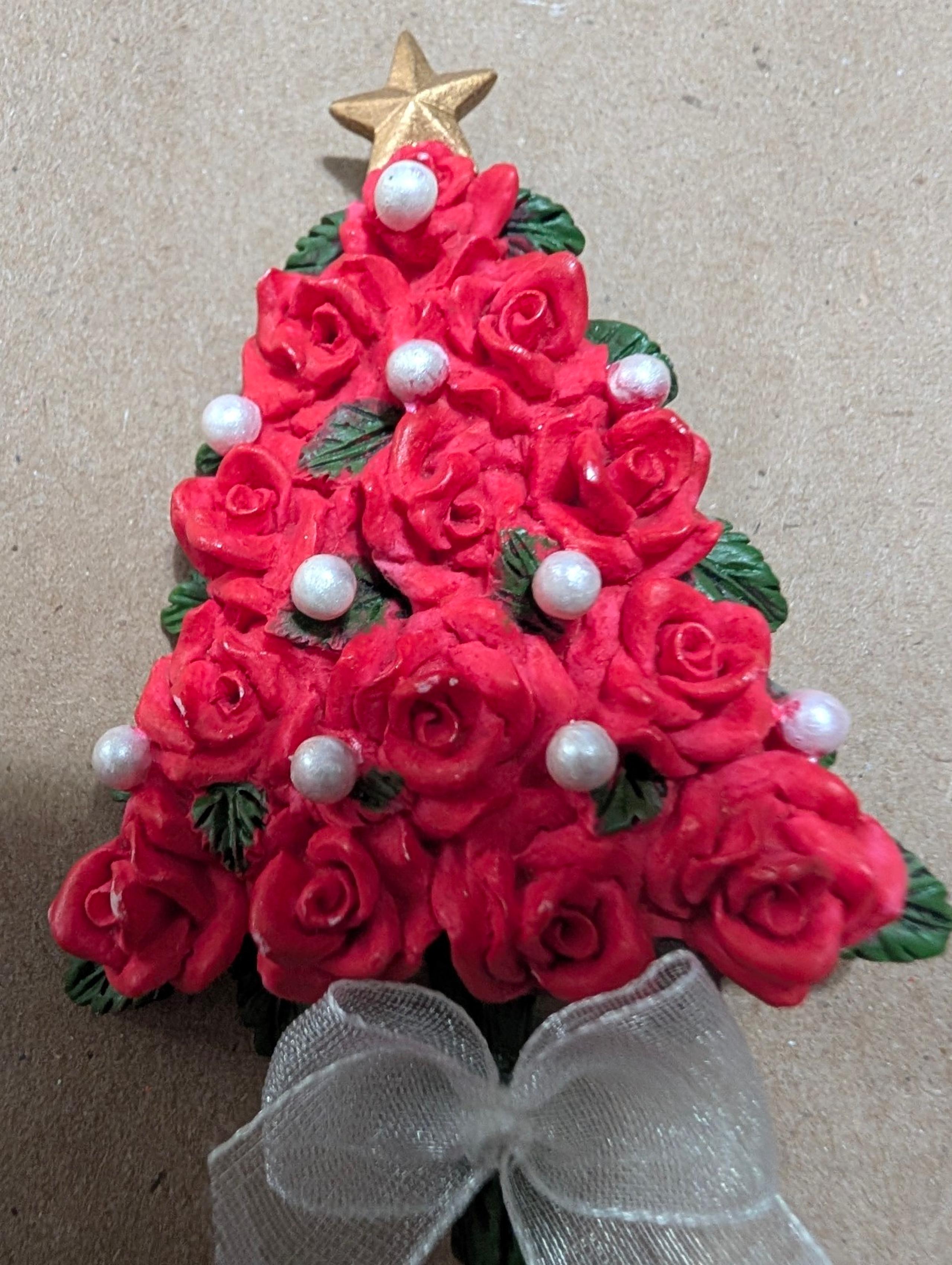 Vintage Red Roses Faux Pearls Holiday Christmas Tree Collectible Pin - Avon
