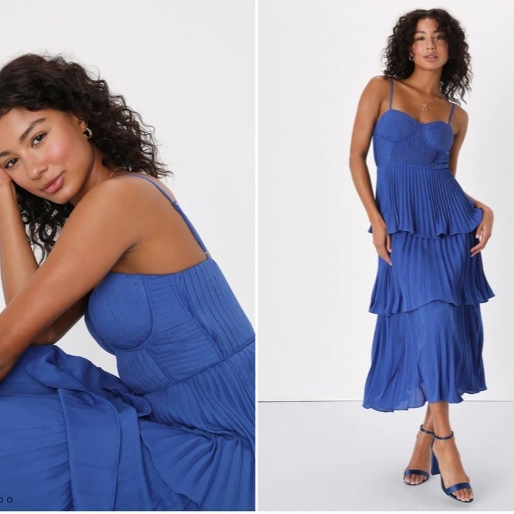 LULUS Prom Wedding Flowy Sexy Boho Tiered Ruffles Bustier Midi Dress