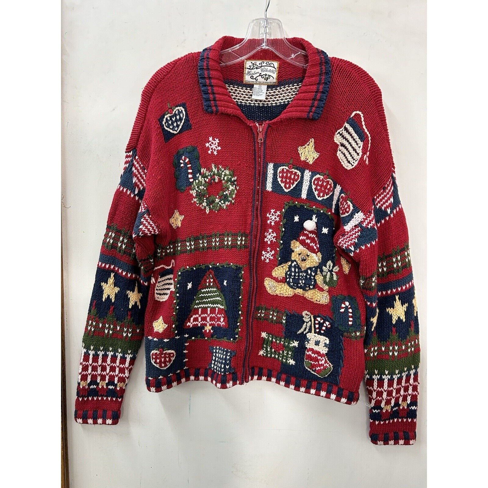 VTG Heirloom Ugly Christmas Holiday Knit Sweater Cardigan Womens Sz S Patchwork