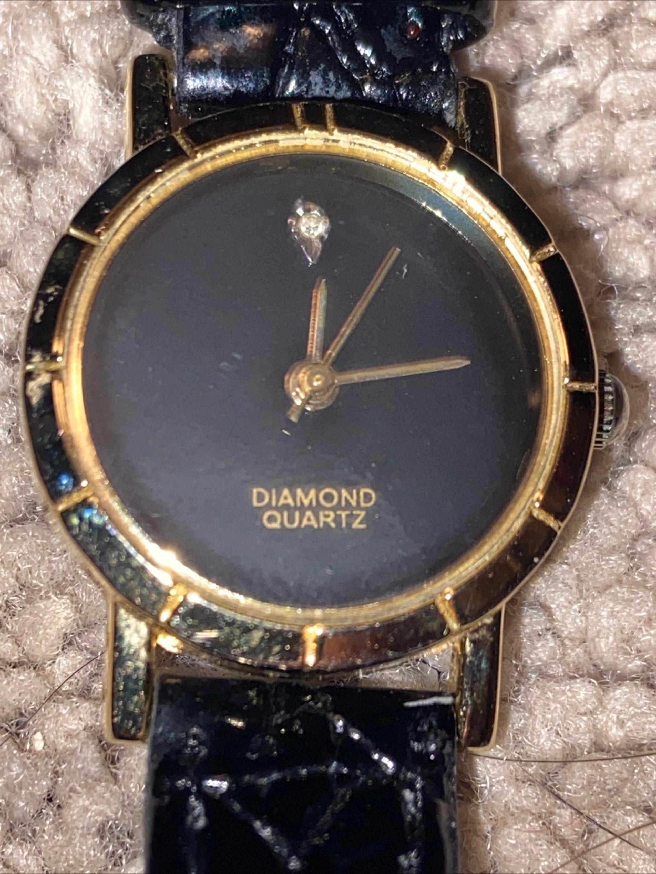 Diamond Quartz Watch Gold Tone Woman’s Black Face Synthetic Leather Band