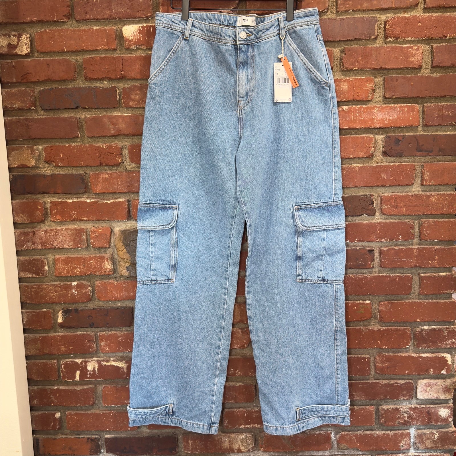 Mango MNG Cargo Jeans Womens 10 Blue Denim Cargo Baggy Grunge Pockets NWT