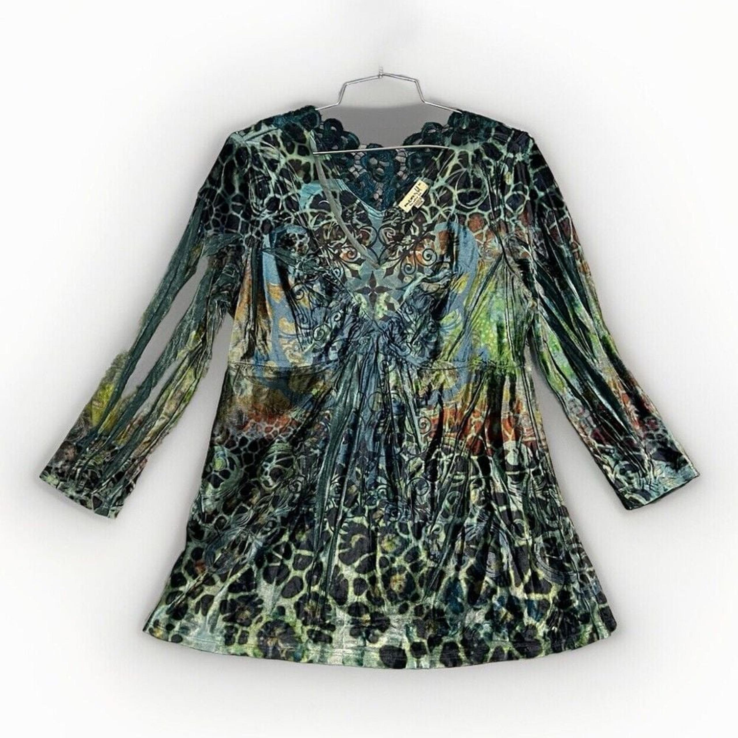 One World Tunic Top Velvet & Sequence Trim Medium Babydoll Y2K Fairy Grunge